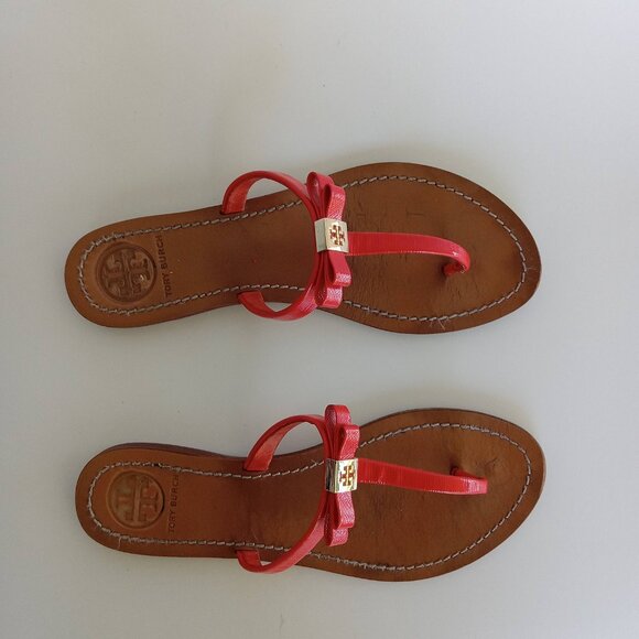 Tory Burch Flat Patent Leather Thong Sandals Women Flip Flop Orange Logo US 7.5 - Picture 2 of 16